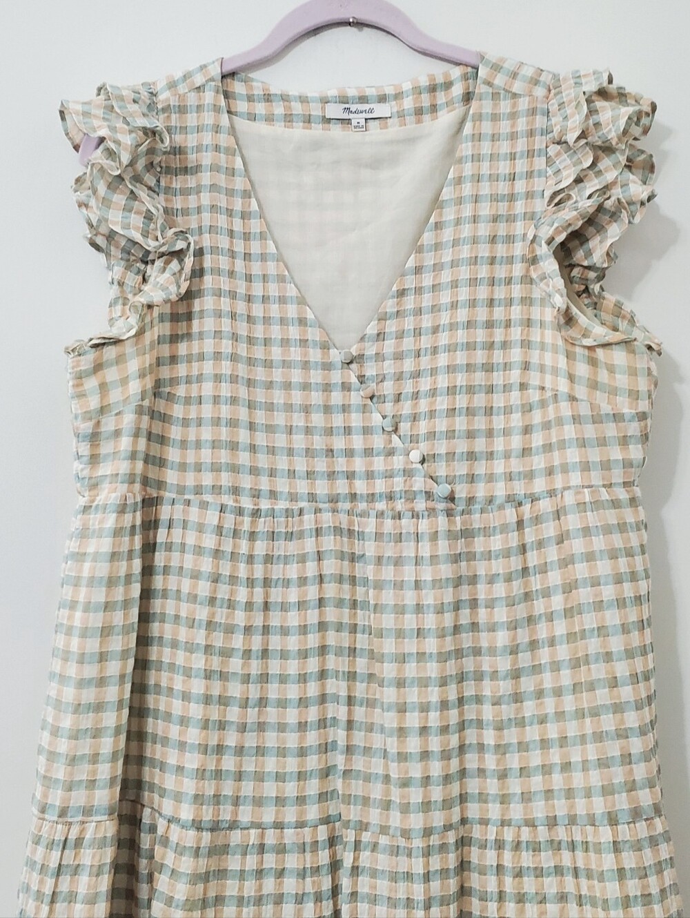 Madewell Gingham Seersucker Tiered Midi Dress Ruffle Sleeve Medium - Picture 6 of 15